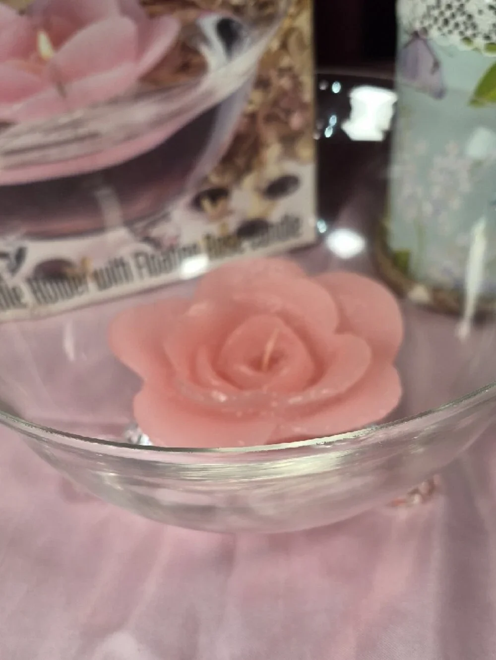 Litetyme Glass Candle Holder with Floating Rose Candle - Pink Nwe 2225